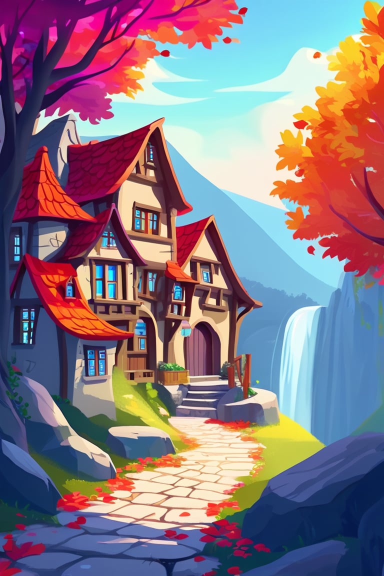 Flat art , 6 colors. Heavy line weight. Illustration scene Beautiful Elven storybook cottage in a Fantasy Elven Village in autumn , mountains and waterfalls in the distance,Cobblestone road,atmospheric sun rays,  colourful,  Renaissance architecture, Lovely, Picturesque,   environment. Simplistic.  Minimalistic.   Spider webs. Vibrant color.  no shading . No highlights . Flat art