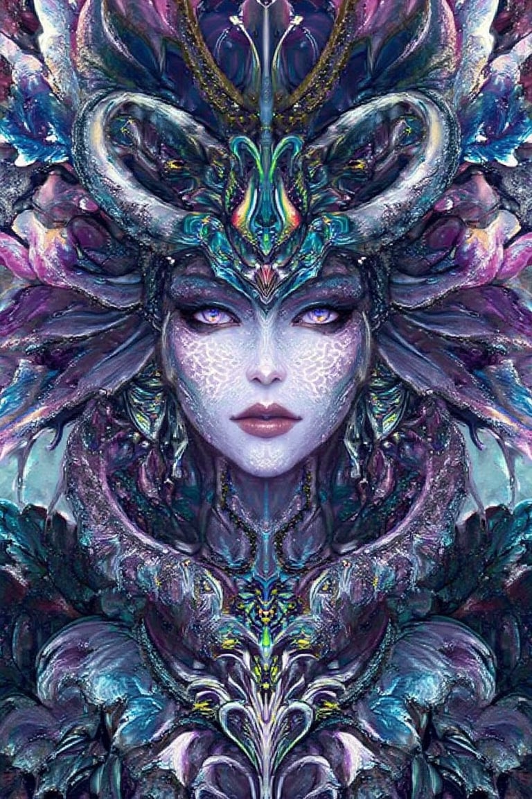 visionary art ,pen art,Dark Dramatic Ancient Elegant dark Goddess of the night , woman seen from the waist up, by Anna Dittmann and android jones,perfectly symmetrical image,Vibrant, In Watercolour,pen art, visionary art, symmetrical, beautiful detailed eyes (masterpiece, best quality, ultra-detailed), (perfect anatomy), High detailed, detailed background, anatomically correct, beautiful face, detailed hands, perfect eyes, expressive eyes, score_9, score_8_up, score_7_up, best quality, masterpiece, 16k,vivid colors,neon highlights,uv, 