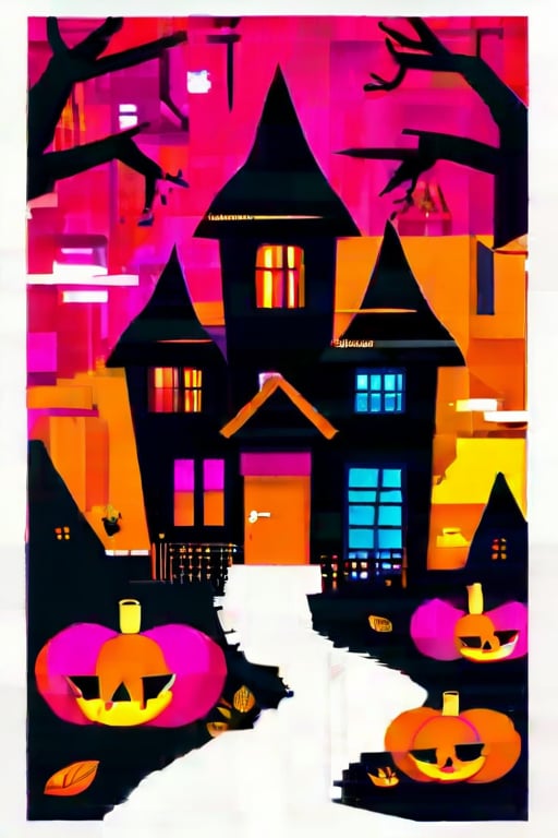 Flat art , 6 colors. Heavy line weight. Illustration scene  of a Halloween village  environment. Simplistic.  Minimalistic.  Cute image. Sfw, pumpkins. Spider webs. Halloween  color palette. 