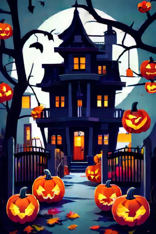 Flat art , 6 colors. Heavy line weight. Illustration scene  of a Halloween village  environment. Simplistic.  Minimalistic.  Cute image. Sfw, pumpkins. Spider webs. Halloween  color palette. 