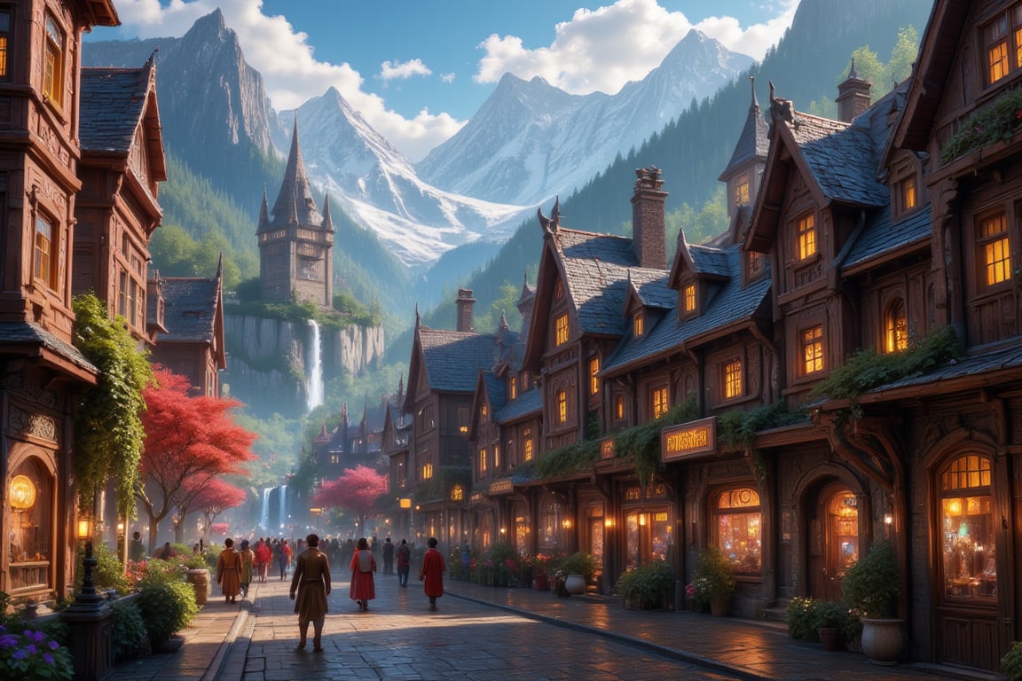  Beautiful Elven university and storybook cottages and shops  in a Fantasy Elven Village in autumn , mountains and waterfalls in the distance,Cobblestone road,atmospheric sun rays, gnomes elf villagers walking around,Trees, Hyperdetailed, colourful, digital Concept art, done on procreate,lightroom, Renaissance architecture, Lovely, Picturesque, Art by Eddie Mendoza, Studio Ghibli, Geometric Jean-baptiste Monge, Ivan Shishkin, Jordan Grimmer, An Jung-Hwan, yoann lossel, marc simonetti, HD, 8k,