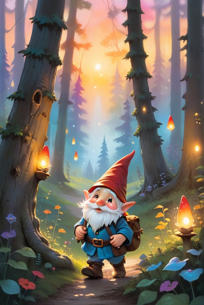 a little gnome walking  through a forest , three  quarters  view, large forest small gnome, dusk time, fire flies , sunset seen through the trees, whimsical  environment. the gnome is on the right side of the frame facing  left  walking towards the center of the  frame .