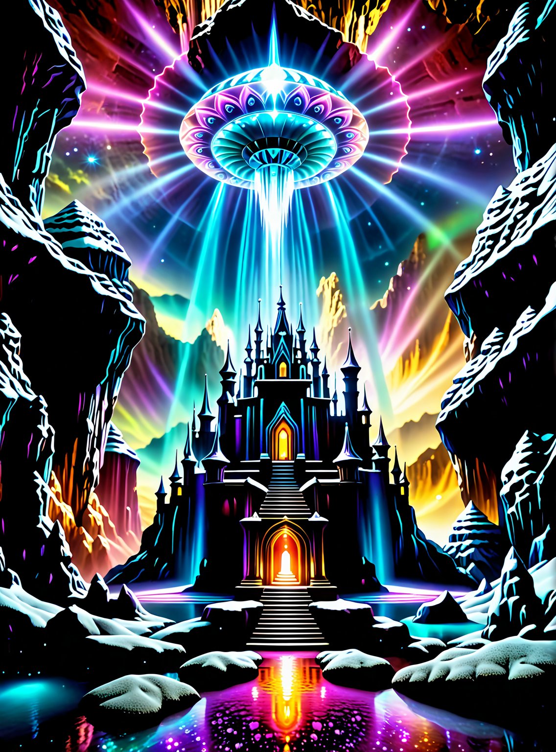 ((In the center of the MYSTICAL cave entrance surrounded by a large crystal formations is a GIANT CASTLE AND A SEMI TRANSP...