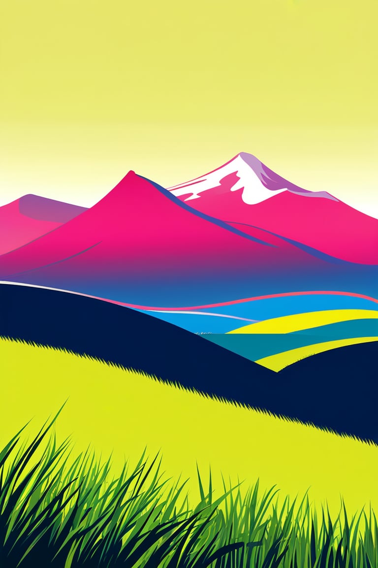 Flat art , 6 colors. Heavy line weight. Illustration scene  of a grassland with mountains in the distance environment. Simplistic.  Minimalistic.  Vibrant color.  no shading . No highlights . Flat art