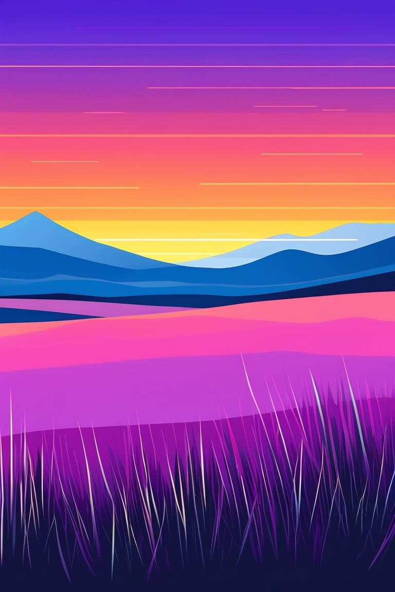 Flat art , 6 colors. Heavy line weight. Illustration scene  of a grassland with mountains in the distance environment. Simplistic.  Minimalistic.   Spider webs. Vibrant color.  no shading . No highlights . Flat art