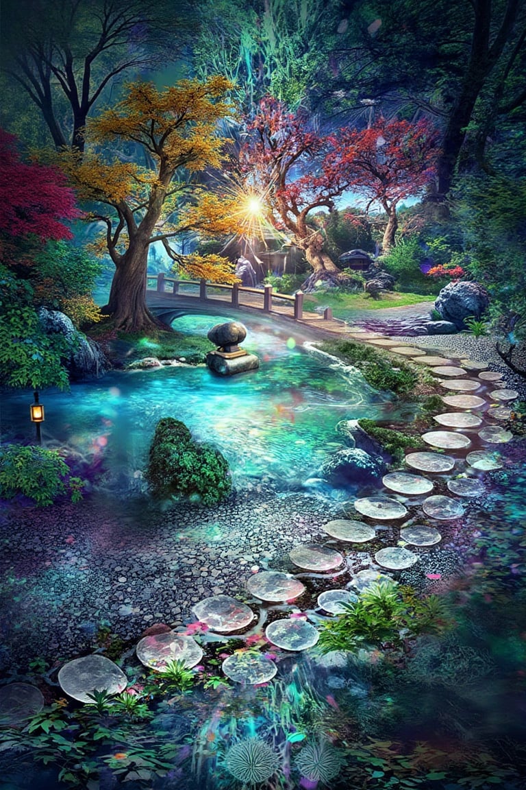 A serene Japanese Zen garden in autumn,  with a traditional wooden bridge arching over a koi pond,  surrounded by meticulo...