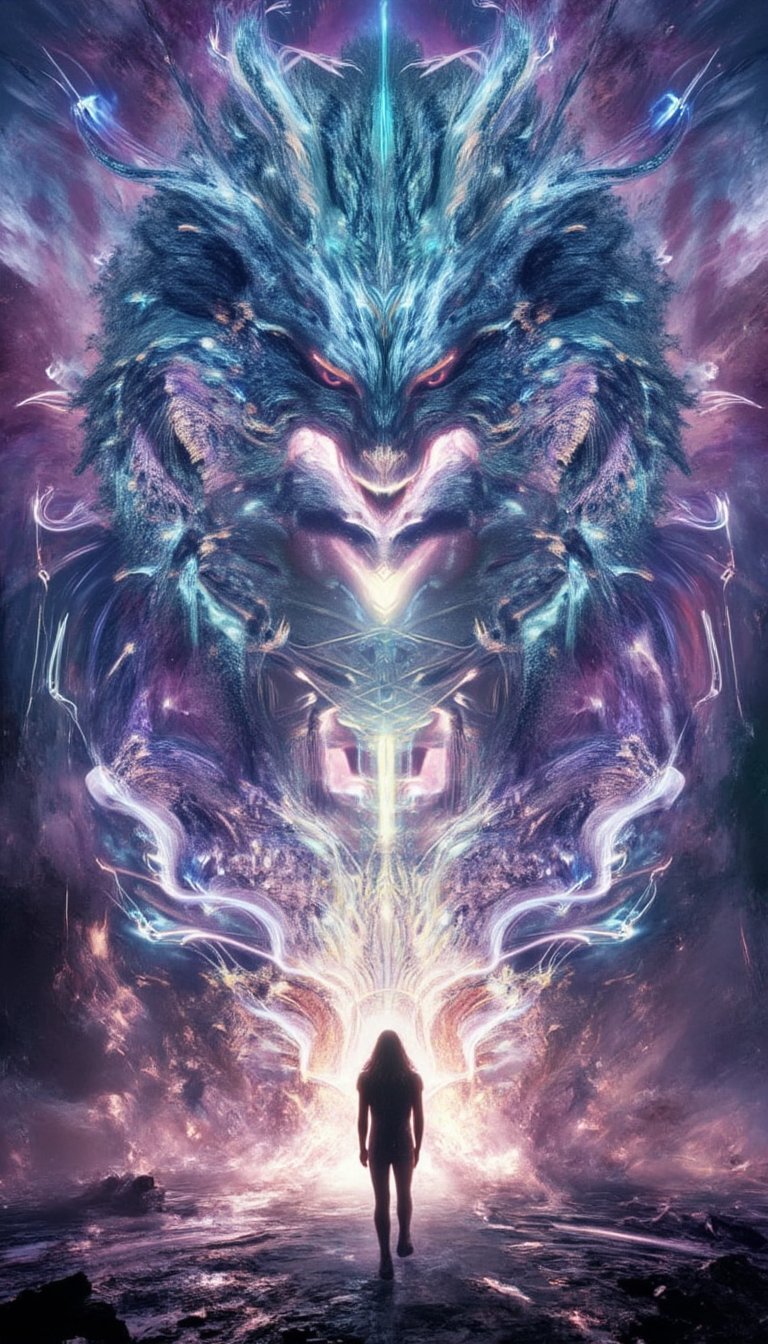 a massive dragon made of light and comsic energy guards the gates to another realm a wanderer stand before the dragon seek...