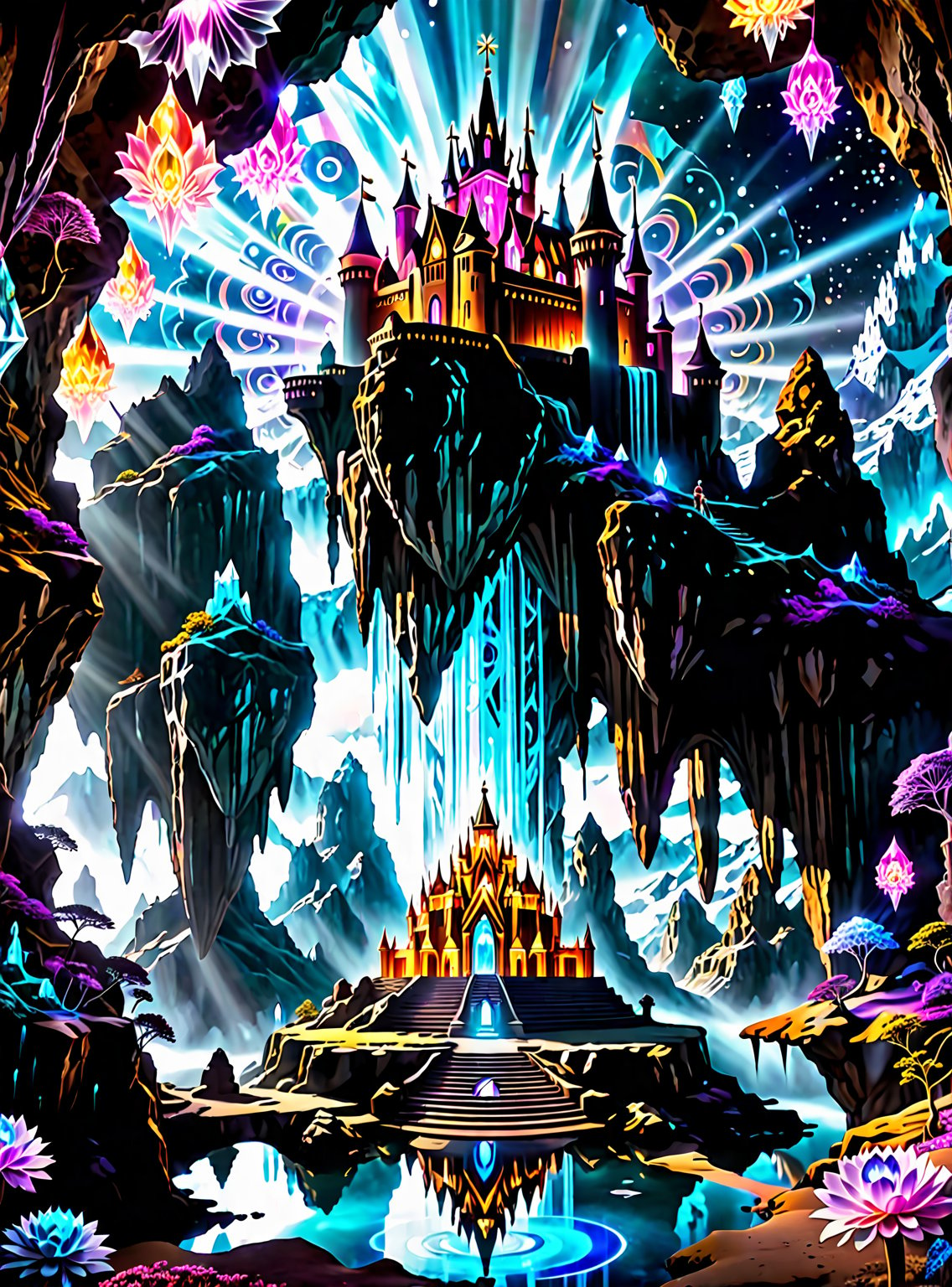 ((In the center of the MYSTICAL cave entrance surrounded by a large crystal formations is a GIANT  CASTLE  AND A  SEMI TRANSPARENT UFO MADE OF ASTRAL ENERGY HOVERS OF THE CASTLE THAT IS  MADE OUT OF SPIRITUAL ENERGY, it is made of translucent light and spiritual energy)) . A magical land psychedelic landscape wonderland with a  Guardian Spirit to watch over all. Dmt visuals. (visionary art style). ((symmetrical)) , uv, neon., uv highlights 
 fractals, sacred  geometry  and vivid color, (perfect symmetry),
 . Spirit realm, psychedelic landscape  , (masterpiece, best quality, ultra-detailed),, High detailed, detailed background, score_9, score_8_up, score_7_up, best quality, masterpiece,)) 4k,visionary art, everything fits into the image,