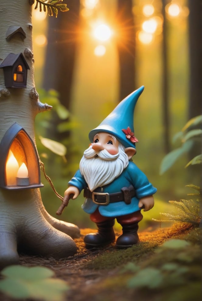 a little gnome walking  through a forest , three  quarters  view, large forest small gnome, dusk time, fire flies , sunset seen through the trees, whimsical  environment. 