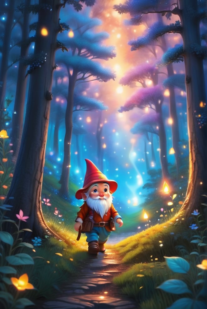 a little gnome walking  through a forest , three  quarters  view, large forest small gnome, dusk time, fire flies , sunset seen through the trees, whimsical  environment. 