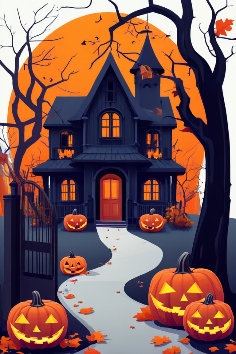 Flat art , 4 colors. Heavy line weight. Illustration scene  of a Halloween village  environment. Simplistic.  Minimalistic.  Cute image. Sfw, pumpkins. Spider webs. Halloween  color palette. Vibrant color. Vector art illustration 