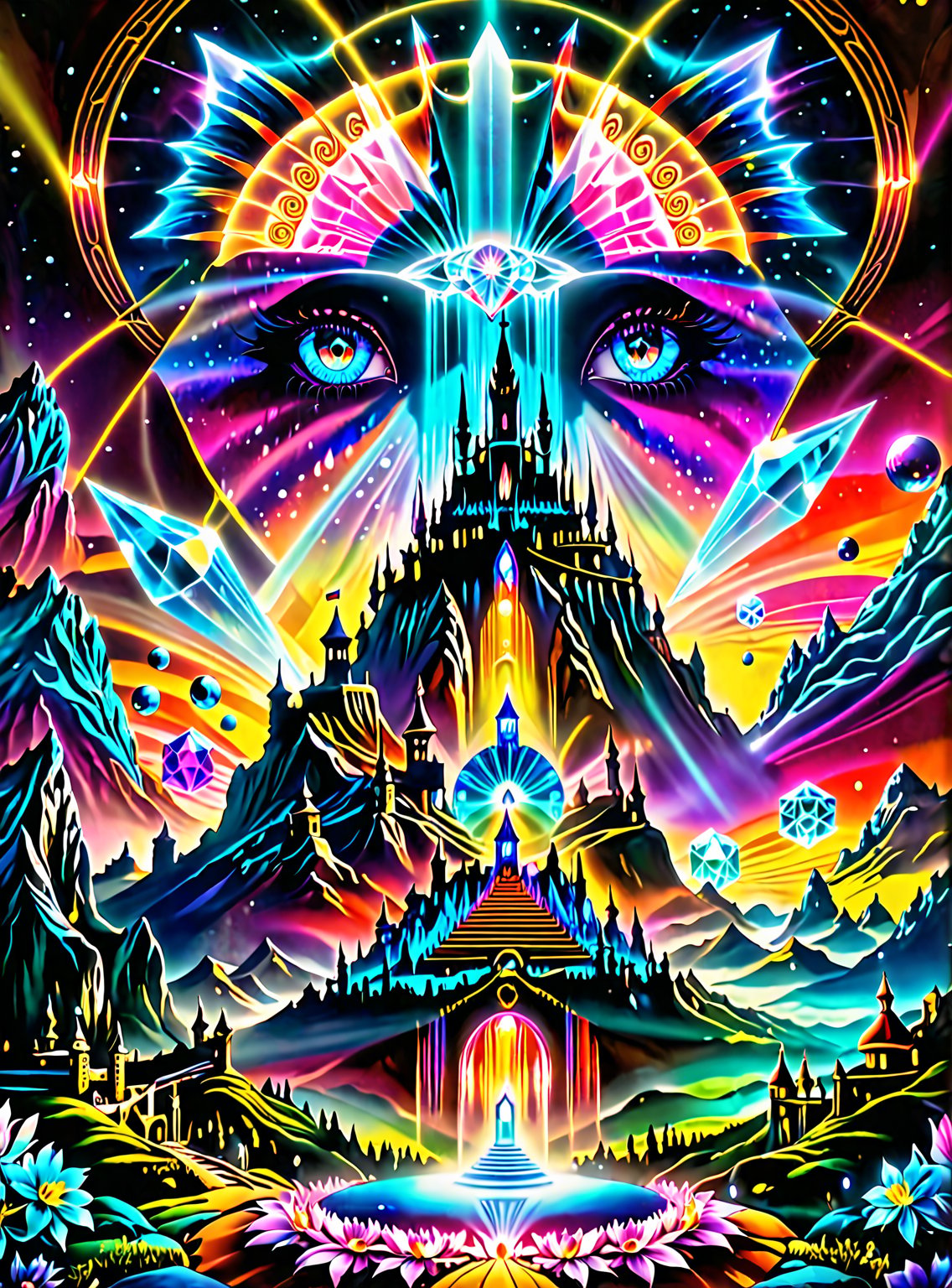 ((In the center of the MYSTICAL cave entrance surrounded by a large crystal formations is a GIANT CASTLE AND A SEMI TRANSP...