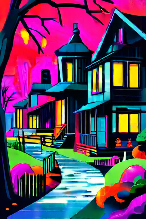 Flat art , 6 colors. Heavy line weight. Illustration scene  of a Halloween village  environment. 