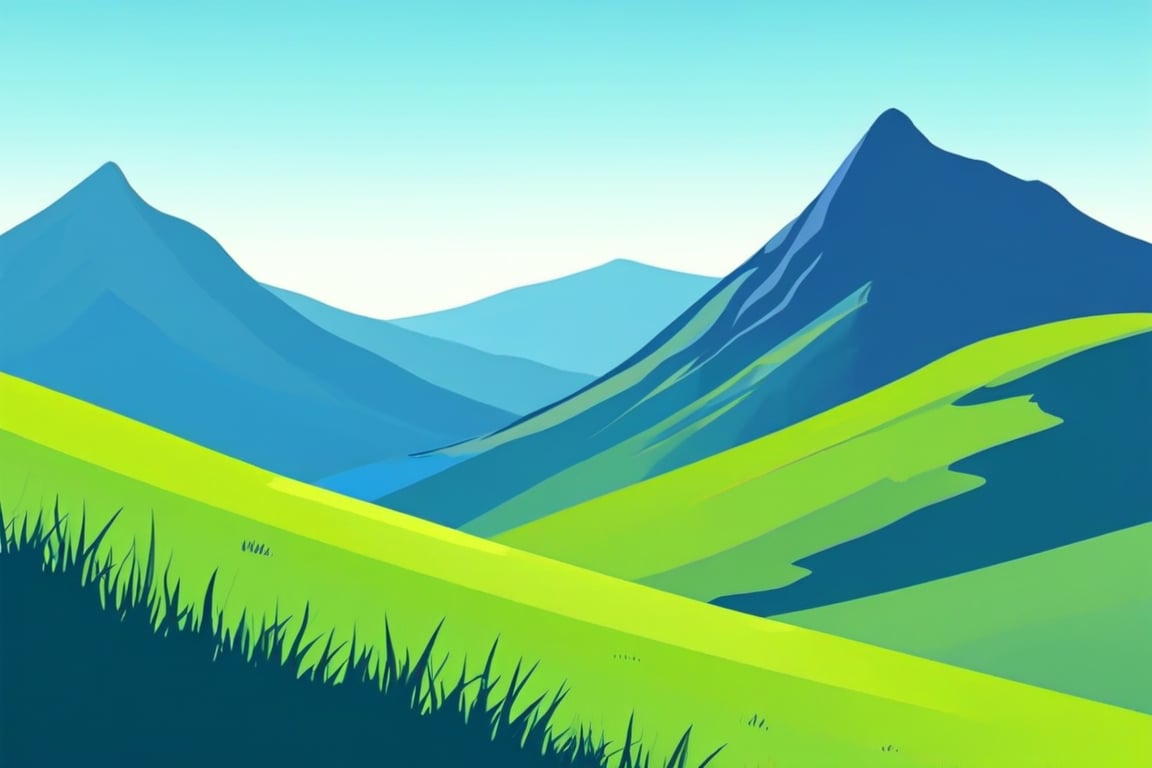 Flat art , 6 colors. Heavy line weight. Illustration scene  of a grassland with mountains in the distance environment. Simplistic.  Minimalistic.   . Vibrant color.  no shading . No highlights . Flat art