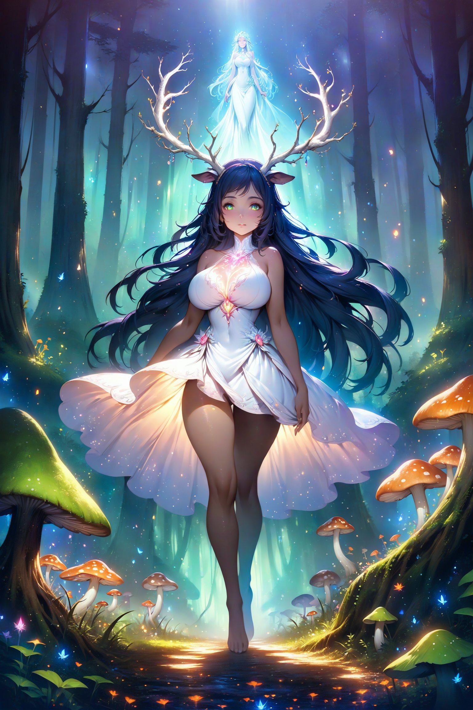 a beautiful curvaceous witch with a nice bottom walks through a dense fantasy forest that is filled with mushrooms and fairy's comes across a clearing with a glowing white stag in the clearing there is rays of light shining down onto the white stag which looking at the witch,digital concept art hd,rich tones,hdr,by brian froud, (perfect hands)