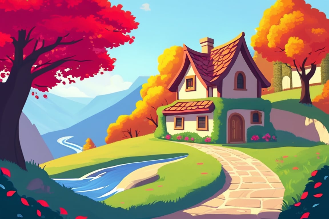 Flat art , 6 colors. Heavy line weight. Illustration scene Beautiful Elven storybook cottage in a Fantasy Elven Village in autumn , mountains and waterfalls in the distance,Cobblestone road,atmospheric sun rays,  colourful,  Renaissance architecture, Lovely, Picturesque,   environment. Simplistic.  Minimalistic.    Vibrant color.  no shading . No highlights . Flat art