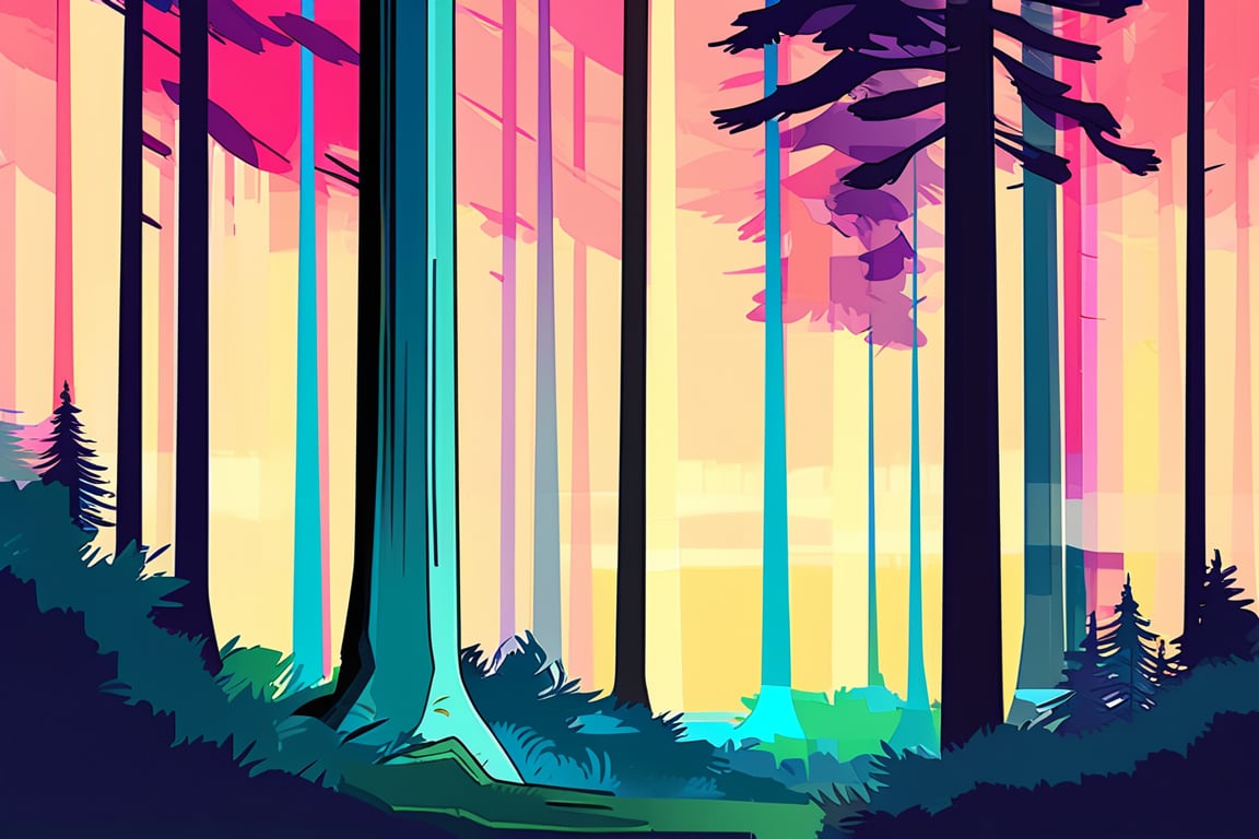 Flat art , 6 colors. Heavy line weight. Illustration scene of a old growth forest environment. Simplistic. Minimalistic.  Vibrant color. no shading . No highlights . Flat art