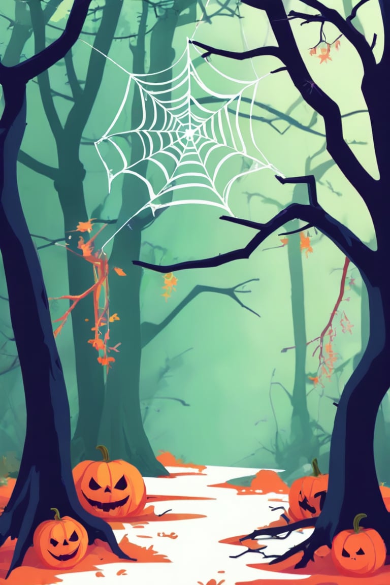 Flat art , 6 colors. Heavy line weight. Illustration scene  of a Halloween themed  environment. Simplistic.  Minimalistic.  Cute image. Sfw, pumpkins. Spider webs. Halloween  color palette. Vibrant color. ( big white Spider web between some of the trees ) no shading . No highlights . Flat art