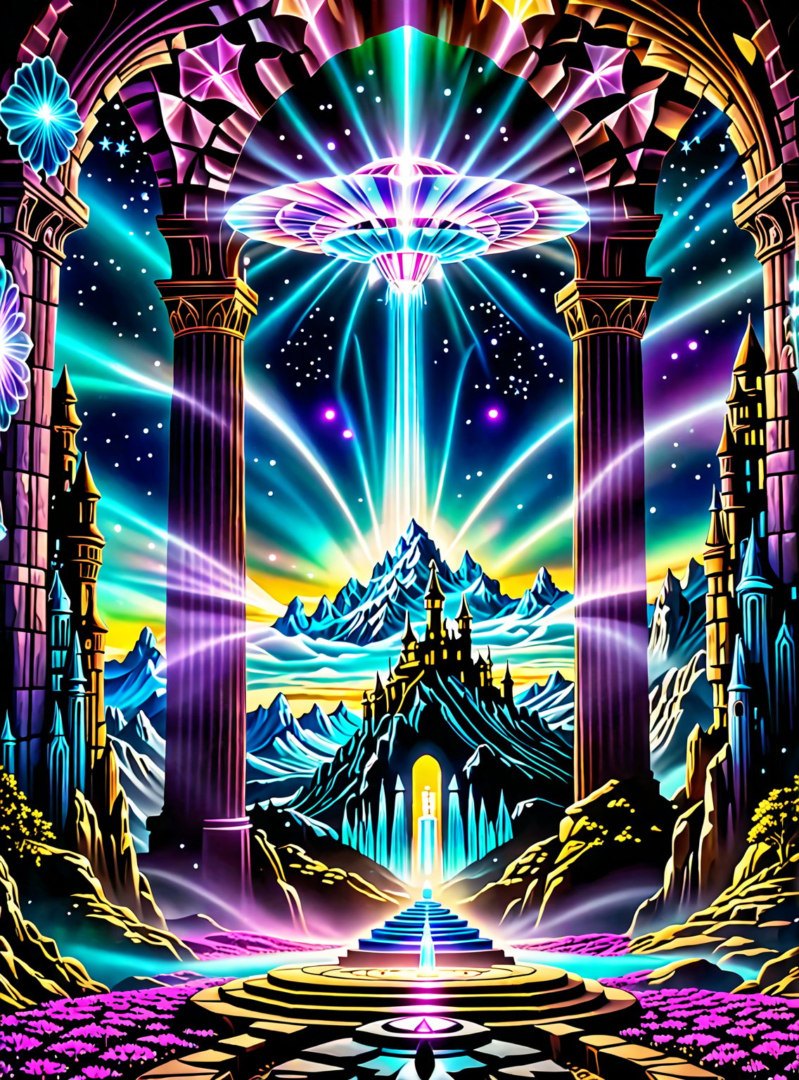 ((In the center of the MYSTICAL cave entrance surrounded by a large crystal formations is a GIANT CASTLE AND A SEMI TRANSP...