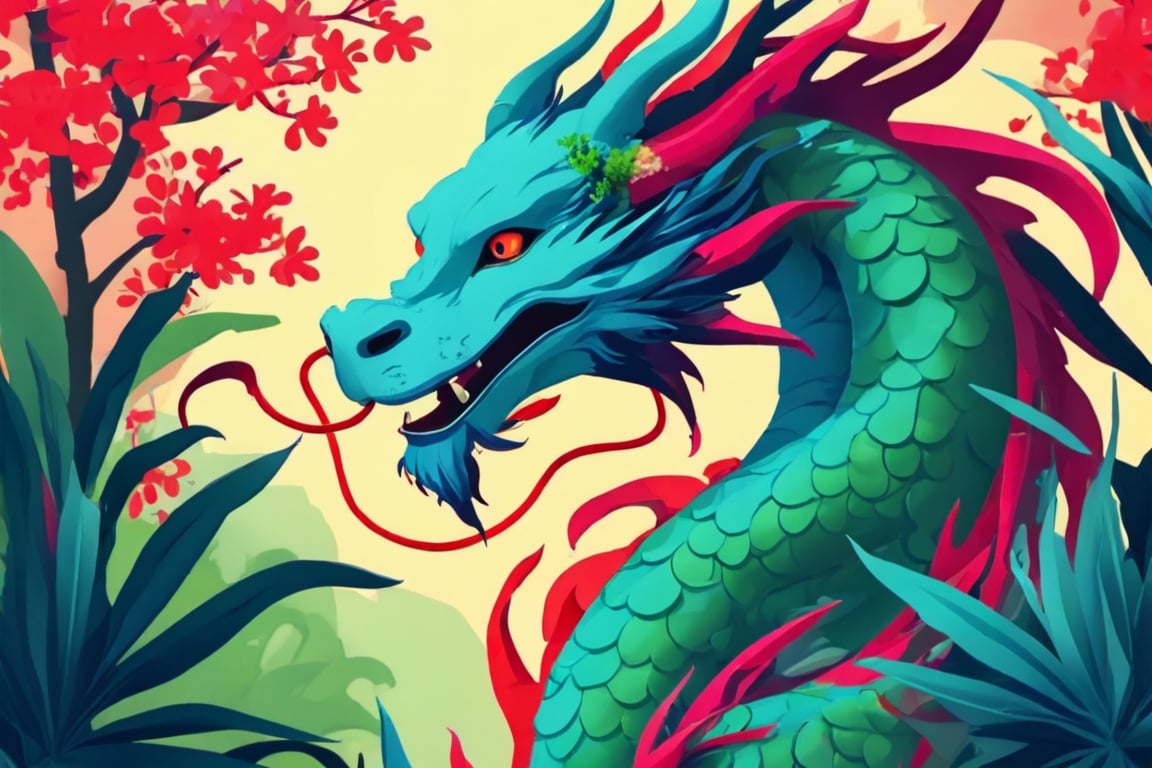 Flat art , 6 colors. Heavy line weight. Illustration scene ,Pop Art Close-up shot of aa chinese dragon  The scene is framed within a out of focus garden background that fades , . Simplistic.  Minimalistic.    Vibrant color.  no shading . No highlights . Flat art