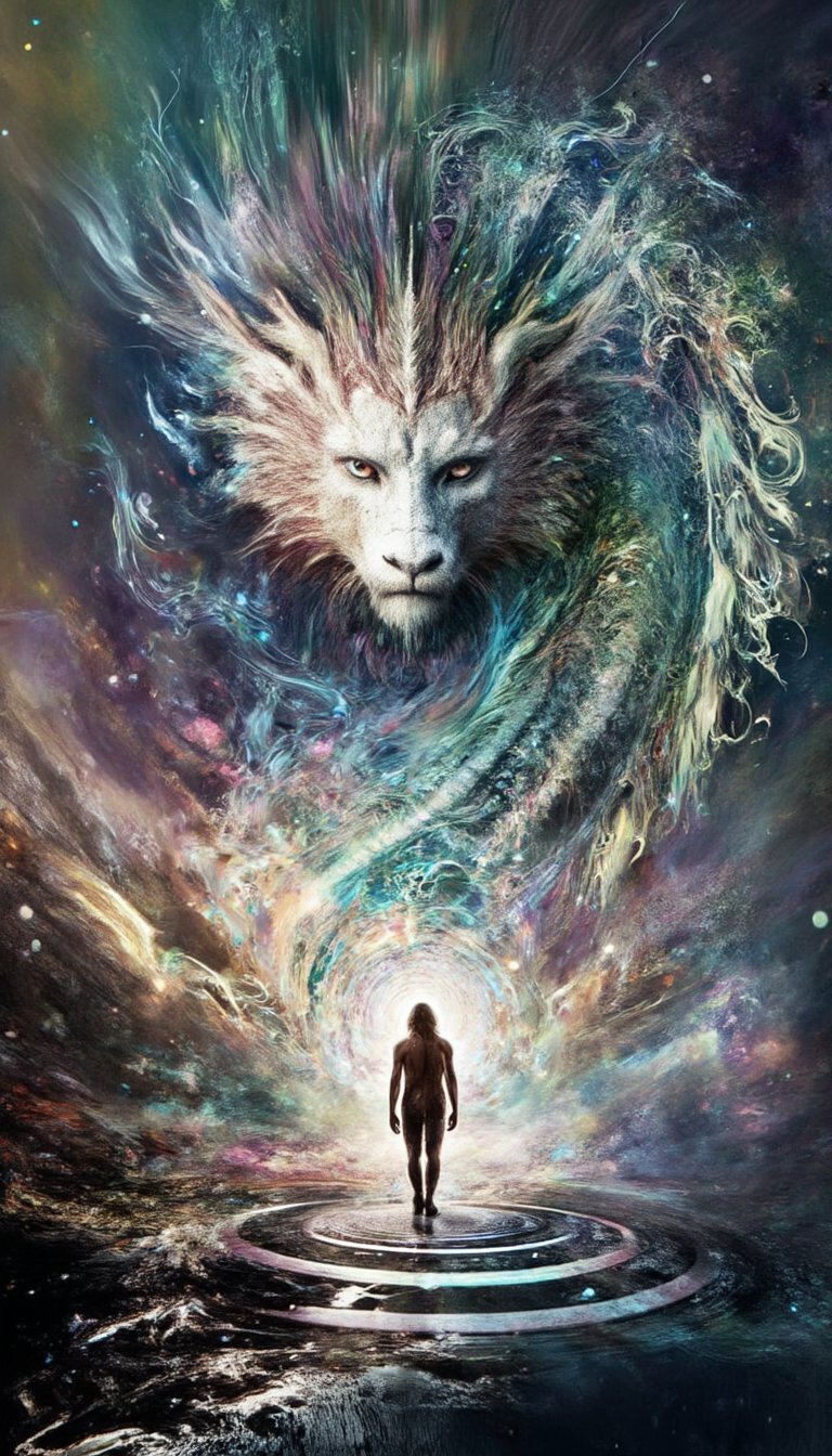 a massive dragon made of light and comsic energy guards the gates to another realm a wanderer stand before the dragon seek...