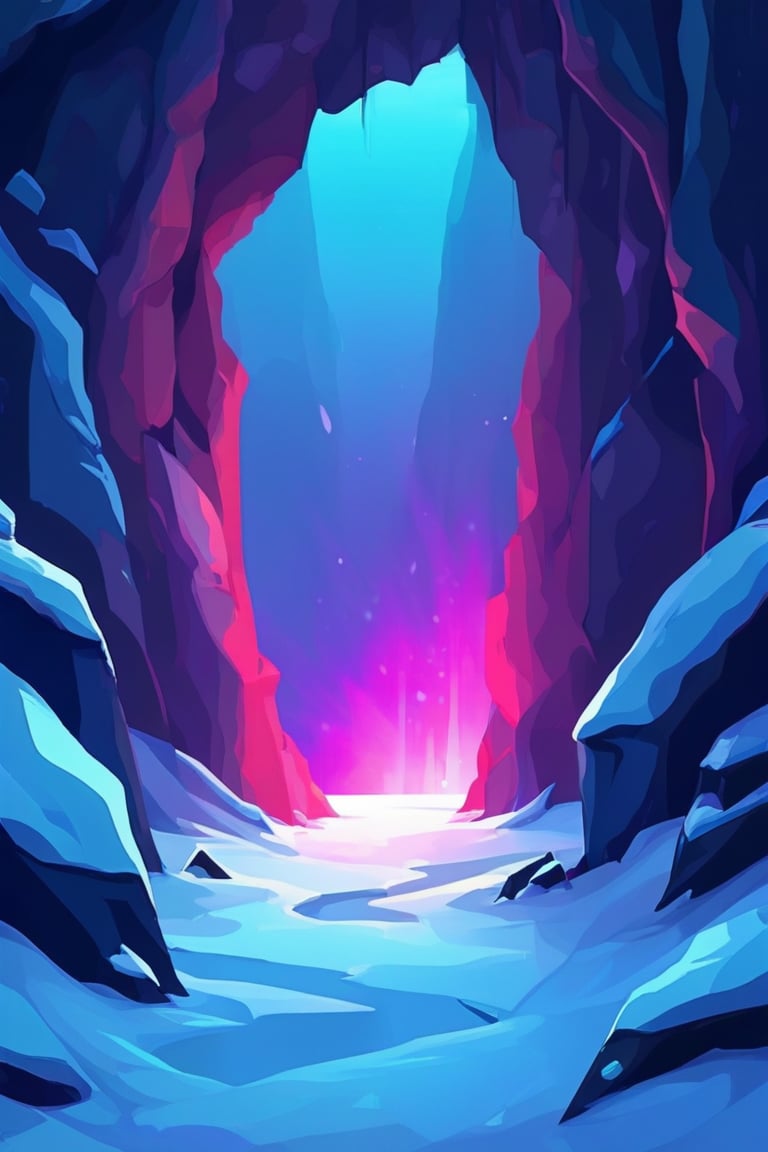 Flat art , 6 colors. Heavy line weight. Illustration scene  of a a crystal cave open up to a snow landscape with a giant portal of transcendent light beaming up into the sky,  Simplistic.  Minimalistic.   Spider webs. Vibrant color.  no shading . No highlights . Flat art