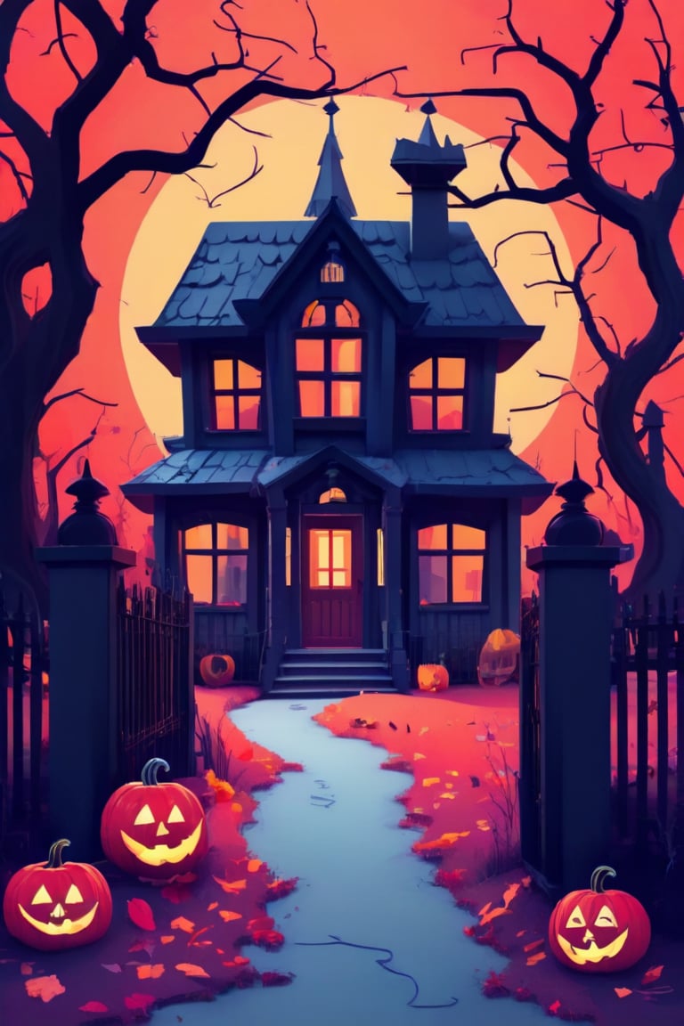 Flat art , 6 colors. Heavy line weight. Illustration scene  of a Halloween village  environment. Simplistic.  Minimalistic.  Cute image. Sfw, pumpkins. Spider webs. Halloween  color palette. Vibrant color. 