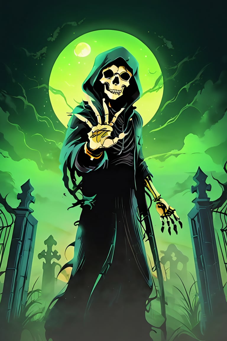 Pop Art medium shot of a Halloween themed image, Grim reaper reaching out skeletal hand towards viewer shrouded dark mist shadow glowing golden eyes,  green moon, clouds , from an anime-style illustration, rendered in realistic sketch style. The scene is within out of focus graveyard and night sky background that fades out of focus , adding depth and mystery.,proper lighting effects