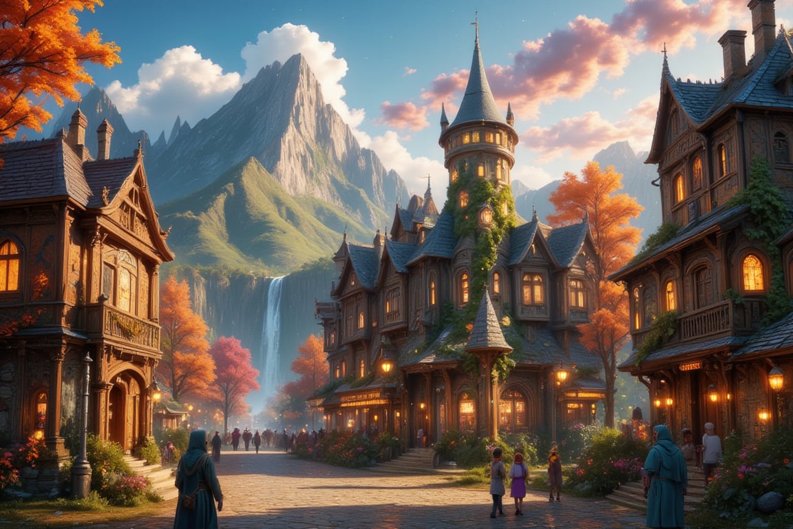  Beautiful Elven university and storybook cottages and shops  in a Fantasy Elven Village in autumn , mountains and waterfalls in the distance,Cobblestone road,atmospheric sun rays, gnomes elf villagers walking around,Trees, Hyperdetailed, colourful, digital Concept art, done on procreate,lightroom, Renaissance architecture, Lovely, Picturesque, Art by Eddie Mendoza, Studio Ghibli, Geometric Jean-baptiste Monge, Ivan Shishkin, Jordan Grimmer, An Jung-Hwan, yoann lossel, marc simonetti, HD, 8k,