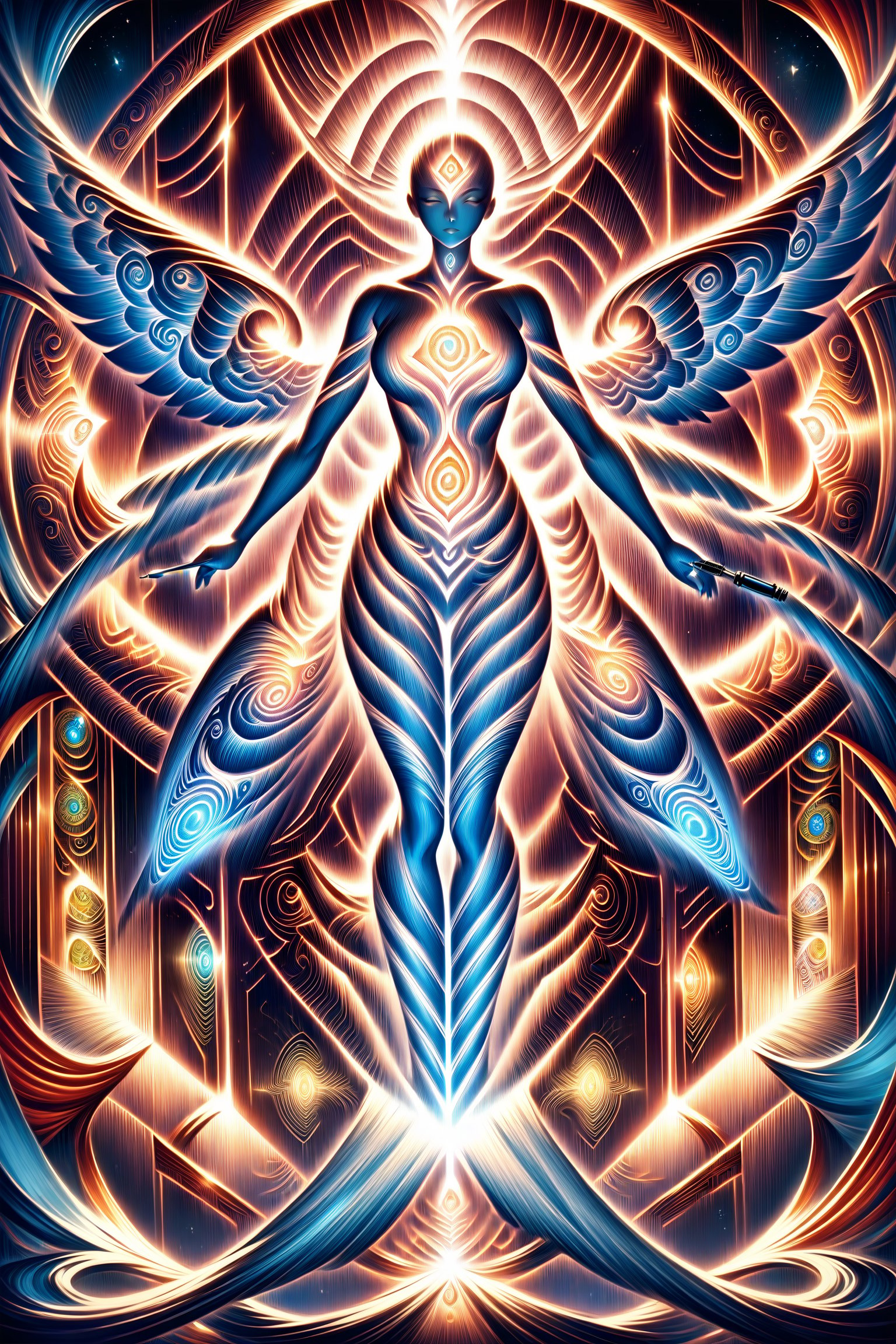  visionary art ,pen art, symmetrical, spirit guide among a matrix of energy and light