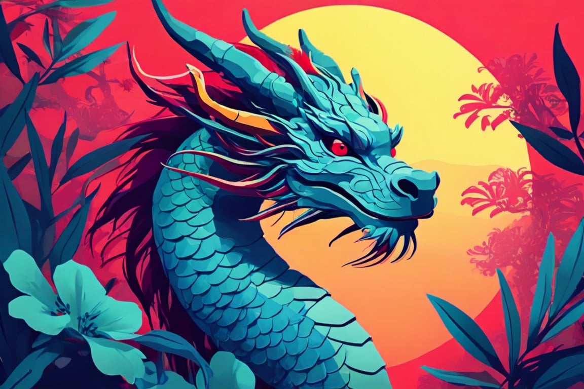 Flat art , 6 colors. Heavy line weight. Illustration scene ,Pop Art Close-up shot of aa chinese dragon  The scene is framed within a out of focus garden background that fades , . Simplistic.  Minimalistic.    Vibrant color.  no shading . No highlights . Flat art