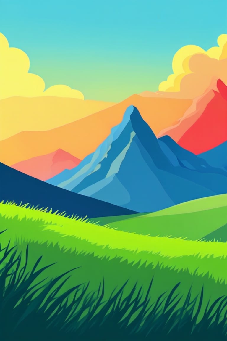 Flat art , 6 colors. Heavy line weight. Illustration scene  of a grassland with mountains in the distance environment. Simplistic.  Minimalistic.  Vibrant color.  no shading . No highlights . Flat art