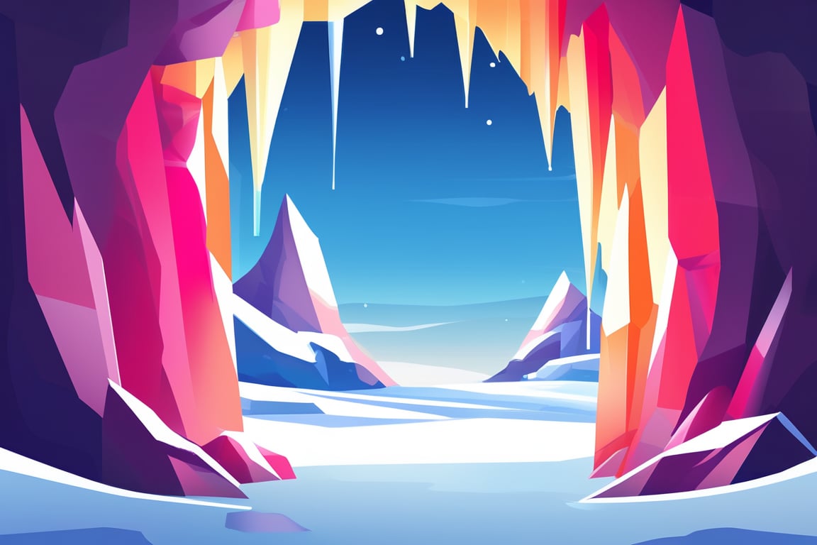 Flat art , 4 colors. Heavy line weight. Illustration scene  of a a crystal cave open up to a snow landscape with a giant portal of transcendent light beaming up into the sky, . Simplistic.  Minimalistic.    Vibrant color.  no shading . No highlights . Flat art