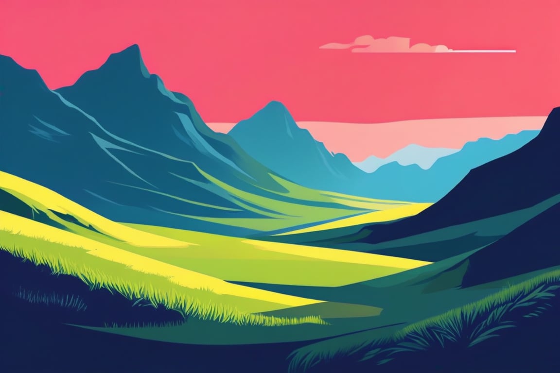 Flat art , 6 colors. Heavy line weight. Illustration scene  of a grassland with mountains in the distance environment. Simplistic.  Minimalistic.  Vibrant color.  no shading . No highlights . Flat art