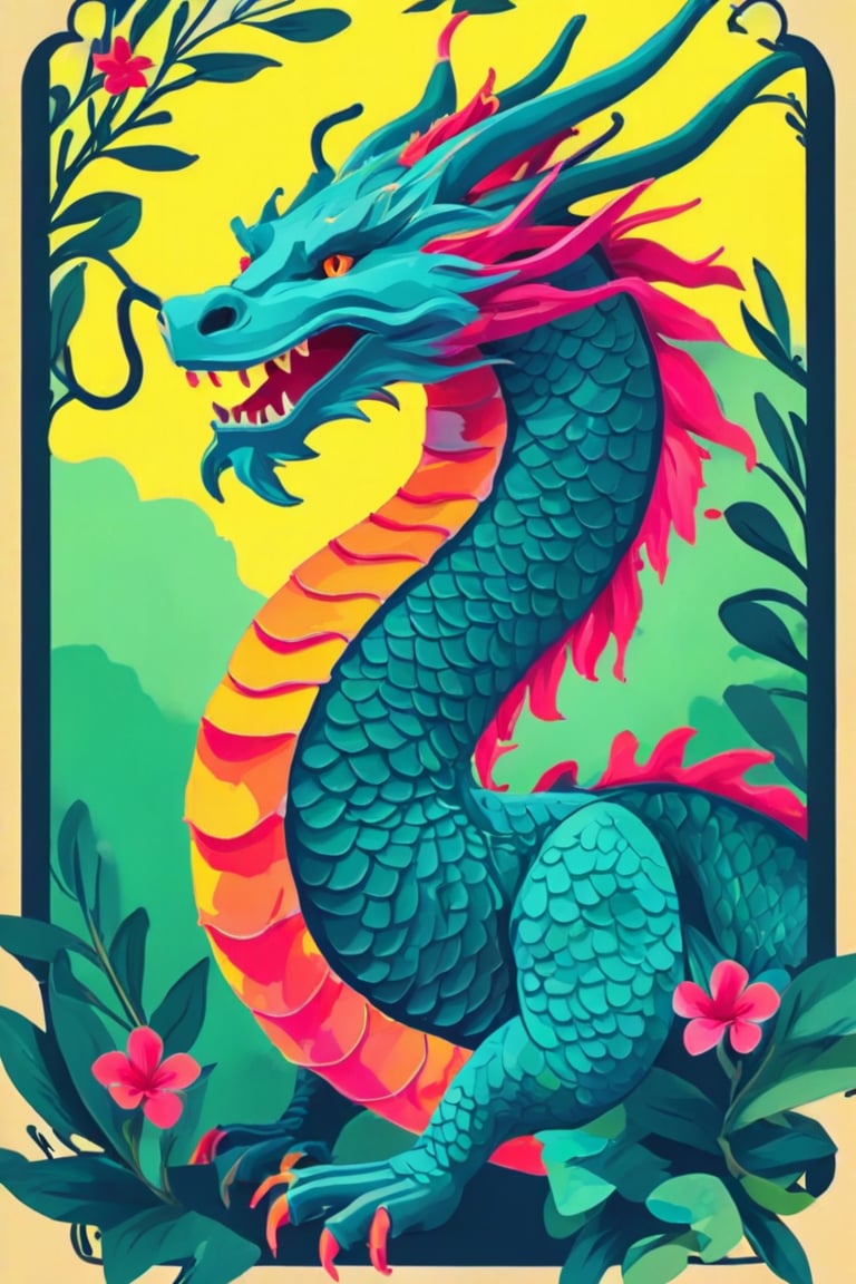 Flat art , 6 colors. Heavy line weight. Illustration scene ,Pop Art Close-up shot of aa chinese dragon  The scene is framed within a out of focus garden background that fades , . Simplistic.  Minimalistic.    Vibrant color.  no shading . No highlights . Flat art