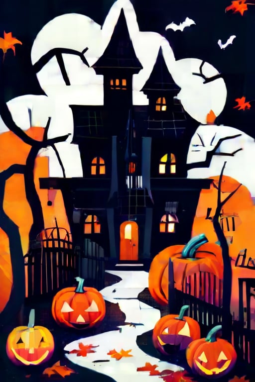 Flat art , 6 colors. Heavy line weight. Illustration scene  of a Halloween village  environment. Simplistic.  Minimalistic.  Cute image. Sfw, pumpkins. Spider webs. Halloween  color palette. 