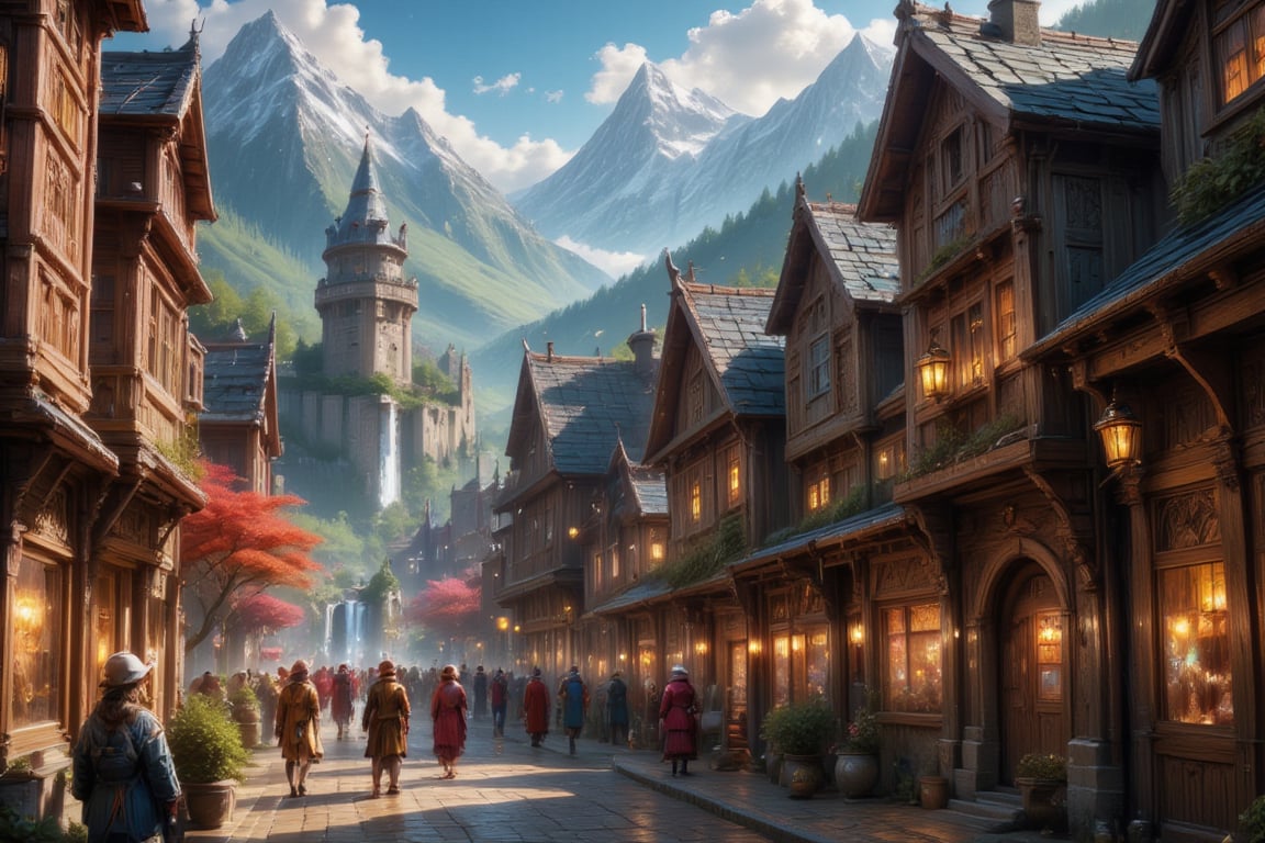  Beautiful Elven university and storybook cottages and shops  in a Fantasy Elven Village in autumn , mountains and waterfalls in the distance,Cobblestone road,atmospheric sun rays, gnomes elf villagers walking around,Trees, Hyperdetailed, colourful, digital Concept art, done on procreate,lightroom, Renaissance architecture, Lovely, Picturesque, Art by Eddie Mendoza, Studio Ghibli, Geometric Jean-baptiste Monge, Ivan Shishkin, Jordan Grimmer, An Jung-Hwan, yoann lossel, marc simonetti, HD, 8k,