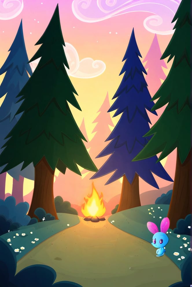 a little gnome walking  through a forest , three  quarters  view, large forest small gnome, dusk time, fire flies , sunset seen through the trees, whimsical  environment. the gnome is on the right side of the frame facing  left  walking towards the center of the  frame .