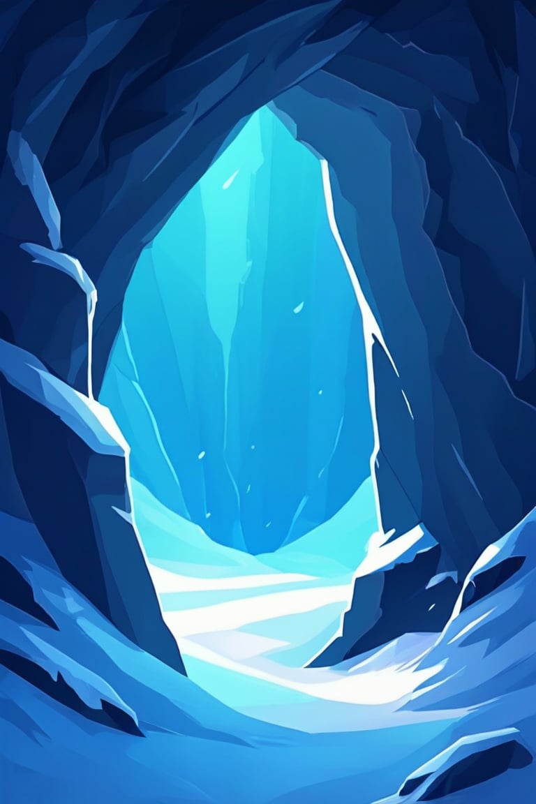 Flat art , 6 colors. Heavy line weight. Illustration scene  of a a crystal cave open up to a snow landscape with a giant portal of transcendent light beaming up into the sky, . Simplistic.  Minimalistic.   Spider webs. Vibrant color.  no shading . No highlights . Flat art