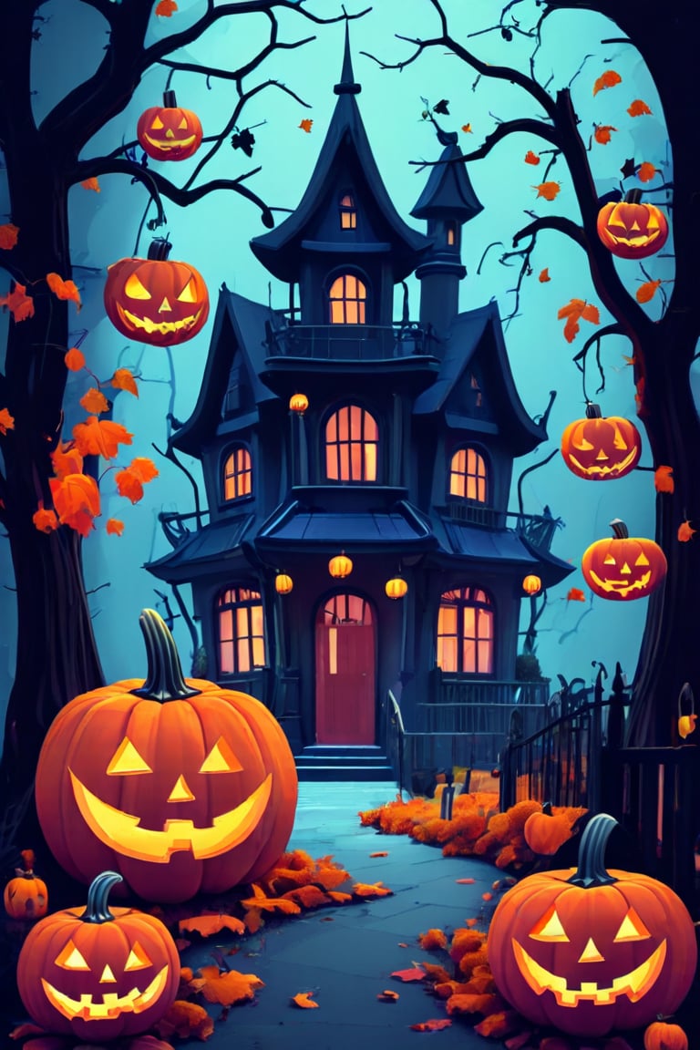 Flat art , 4 colors. Heavy line weight. Illustration scene  of a Halloween village  environment. Simplistic.  Minimalistic.  Cute image. Sfw, pumpkins. Spider webs. Halloween  color palette. Vibrant color. Vector art illustration 