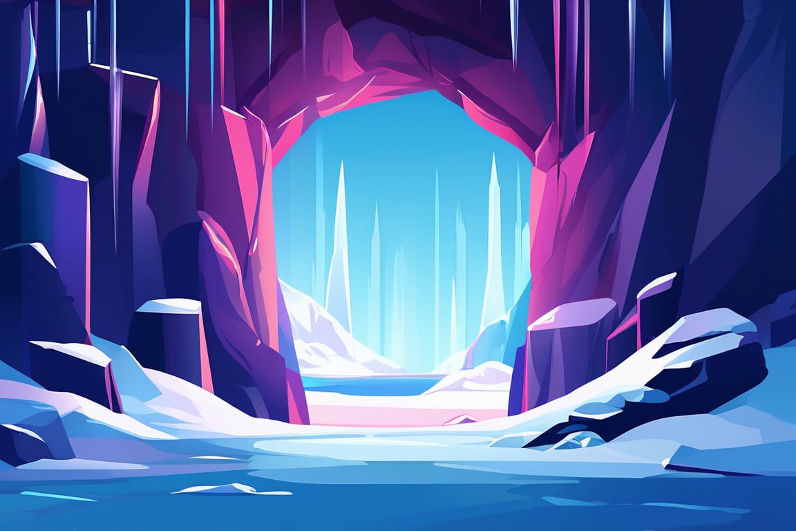 Flat art , 4 colors. Heavy line weight. Illustration scene  of a a crystal cave open up to a snow landscape with a giant portal of transcendent light beaming up into the sky, . Simplistic.  Minimalistic.    Vibrant color.  no shading . No highlights . Flat art