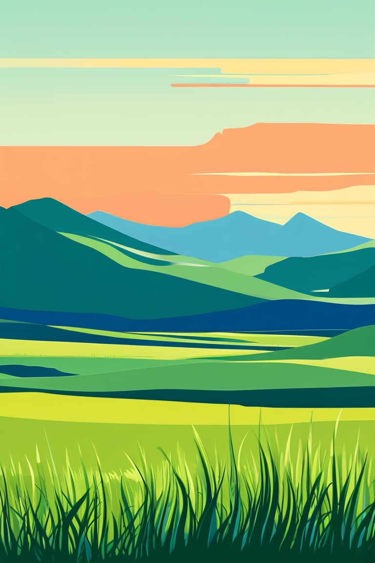 Flat art , 6 colors. Heavy line weight. Illustration scene  of a grassland with mountains in the distance environment. Simplistic.  Minimalistic.  Vibrant color.  no shading . No highlights . Flat art