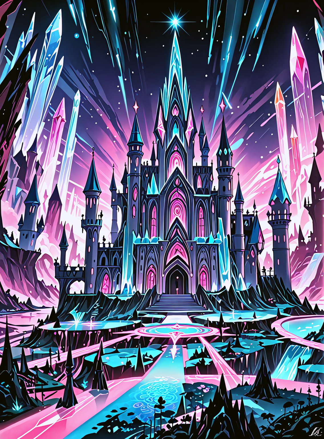 ((In the center of the MYSTICAL cave entrance surrounded by a large crystal formations is a GIANT  CASTLE  AND A  SEMI TRANSPARENT UFO MADE OF ASTRAL ENERGY HOVERS OF THE CASTLE THAT IS  MADE OUT OF SPIRITUAL ENERGY, it is made of translucent light and spiritual energy)) . A magical land psychedelic landscape wonderland with a  Guardian Spirit to watch over all. Dmt visuals. (visionary art style). ((symmetrical)) , uv, neon., uv highlights 
 fractals, sacred  geometry  and vivid color, (perfect symmetry),
 . Spirit realm, psychedelic landscape  , (masterpiece, best quality, ultra-detailed),, High detailed, detailed background, score_9, score_8_up, score_7_up, best quality, masterpiece,)) 4k,visionary art, everything fits into the image,