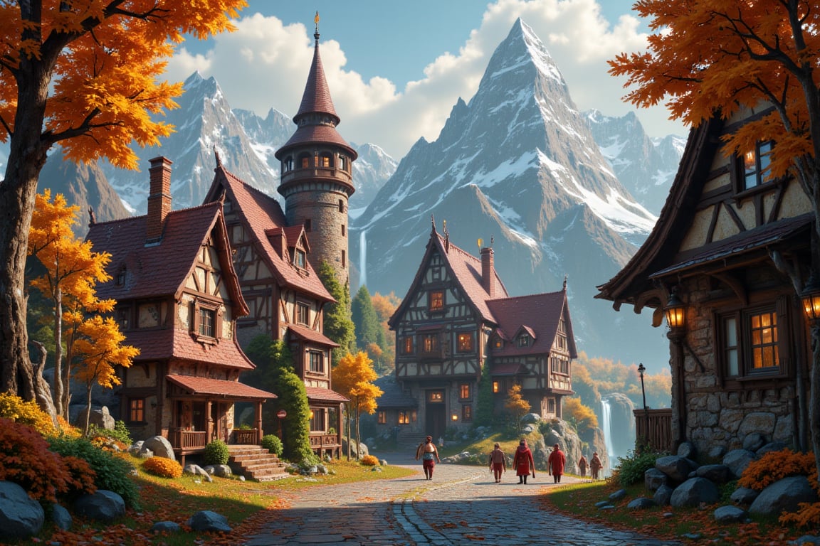 Beautiful Elven university and storybook cottages and shops in a Fantasy Elven Village in autumn ,  mountains and waterfal...