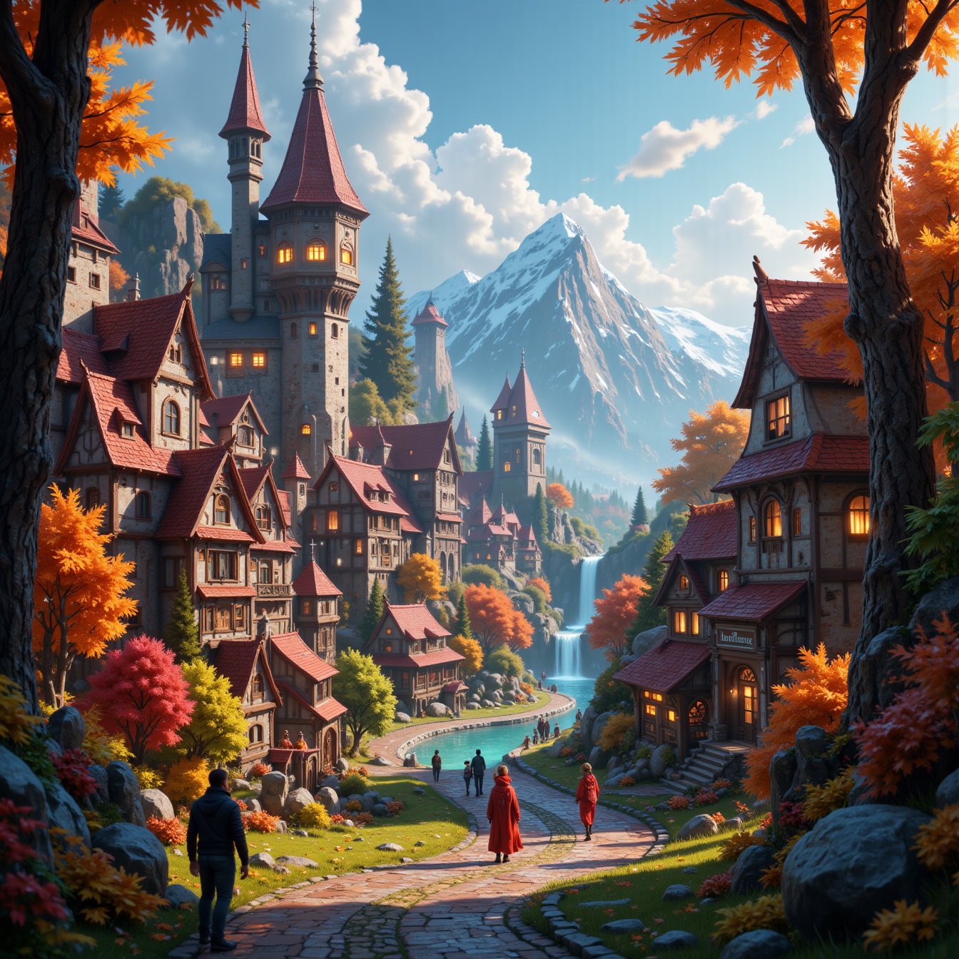 Beautiful Elven university and storybook cottages and shops in a Fantasy Elven Village in autumn ,  mountains and waterfal...