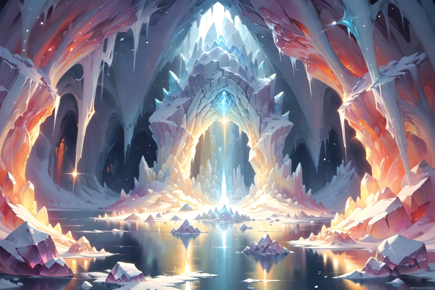 a crystal cave open up to a snow landscape with a giant portal of transcendent light  beaming up into the sky, 