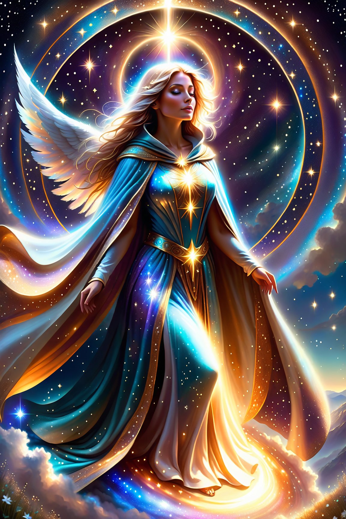 a female  angel shrouded in cloak of light and stars decends down to earth ,portals,light being,stars,enchanted,fantasy,visionary art