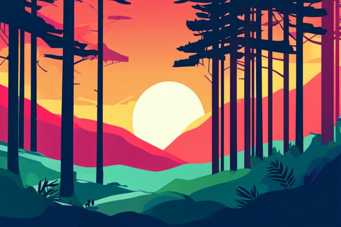 Flat art , 6 colors. Heavy line weight. Illustration scene  of a old growth forest  environment. Simplistic.  Minimalistic.    Vibrant color.  no shading . No highlights . Flat art