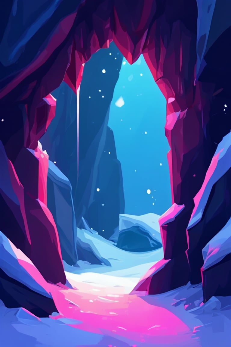 Flat art , 6 colors. Heavy line weight. Illustration scene  of a a crystal cave open up to a snow landscape with a giant portal of transcendent light beaming up into the sky,  Simplistic.  Minimalistic.   Spider webs. Vibrant color.  no shading . No highlights . Flat art