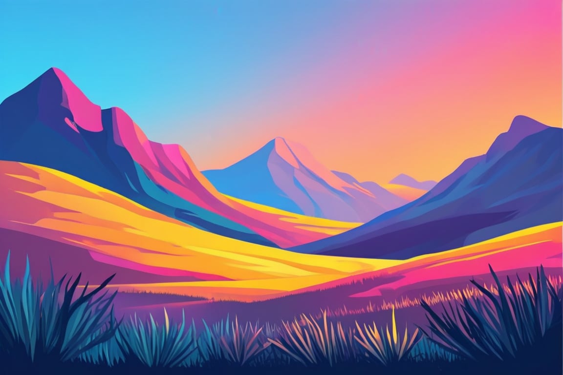 Flat art , 6 colors. Heavy line weight. Illustration scene  of a grassland with mountains in the distance environment. Simplistic.  Minimalistic.  Vibrant color.  no shading . No highlights . Flat art